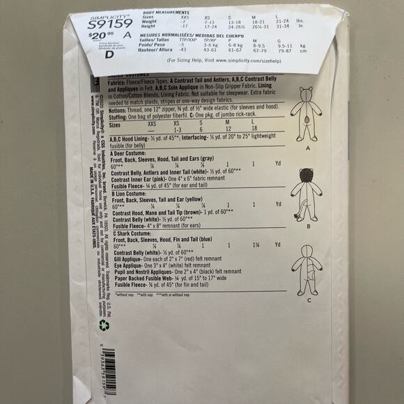 Simplicity Sewing Pattern S9159 Animal Costume Deer Shark Lion Baby Toddler 0-18 - Picture 4 of 5